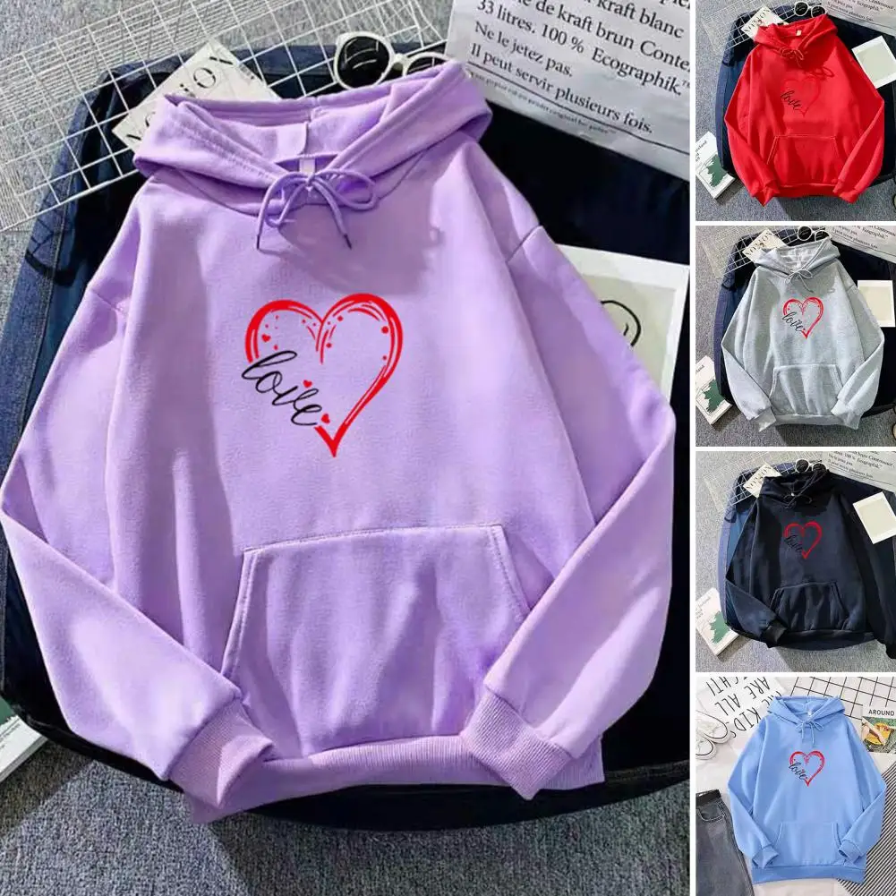 

Women Sweatshirt Loose Heart Printed Long Sleeves Front Pocket Drawstring Keep Warm Young Style Pullover Fleece Hoodie Top худи