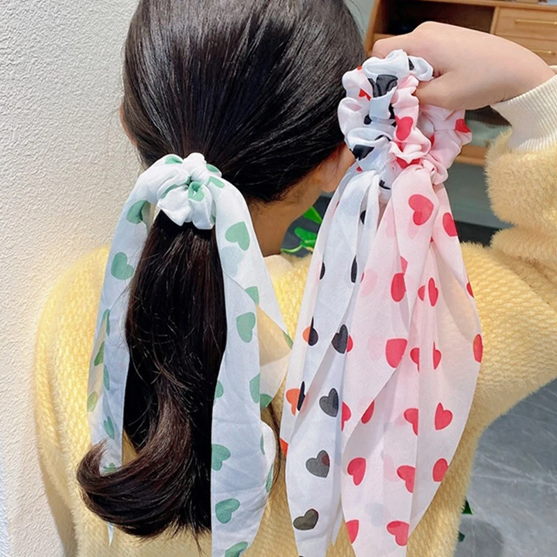 Tie Dye Love Heart Printed Long Ribbon Hair Bands Bow Hair Scrunchies For Women Girls Print Pontail Hair Ties Hair Accessories