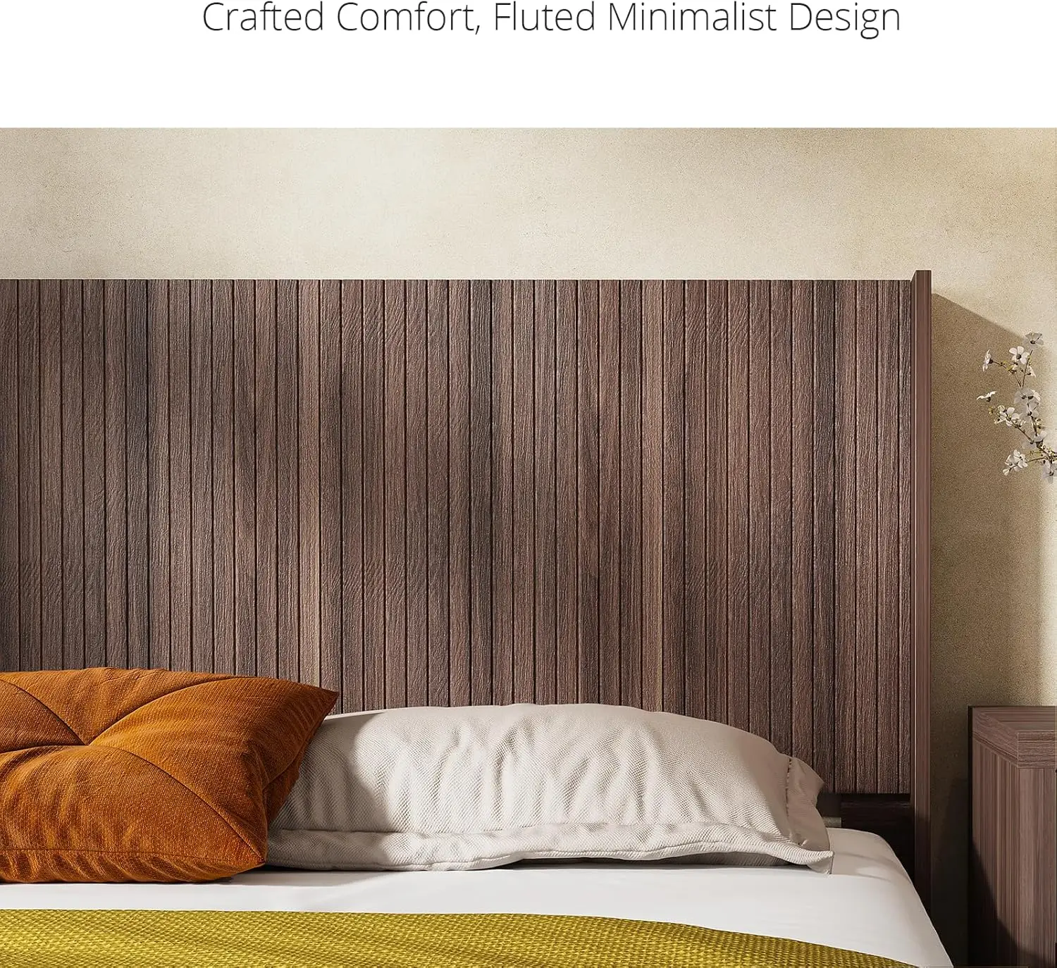 Wood Queen Headboard Only, Wooden Boho Farmhouse Fluted Headboard Queen Size, Wall Mounted Natural Walnut with Wingbacks