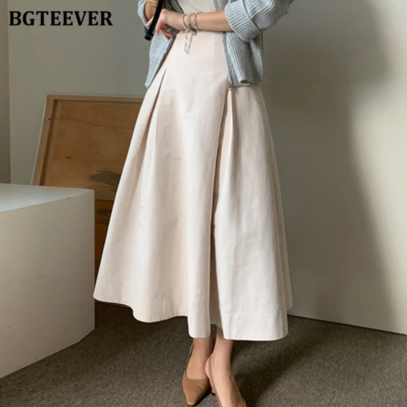 BGTEEVER 여성용 루즈 A 라인 스커트, 세련된 하이웨이스트, 중간 길이 스커트, 솔리드 스커트, 가을