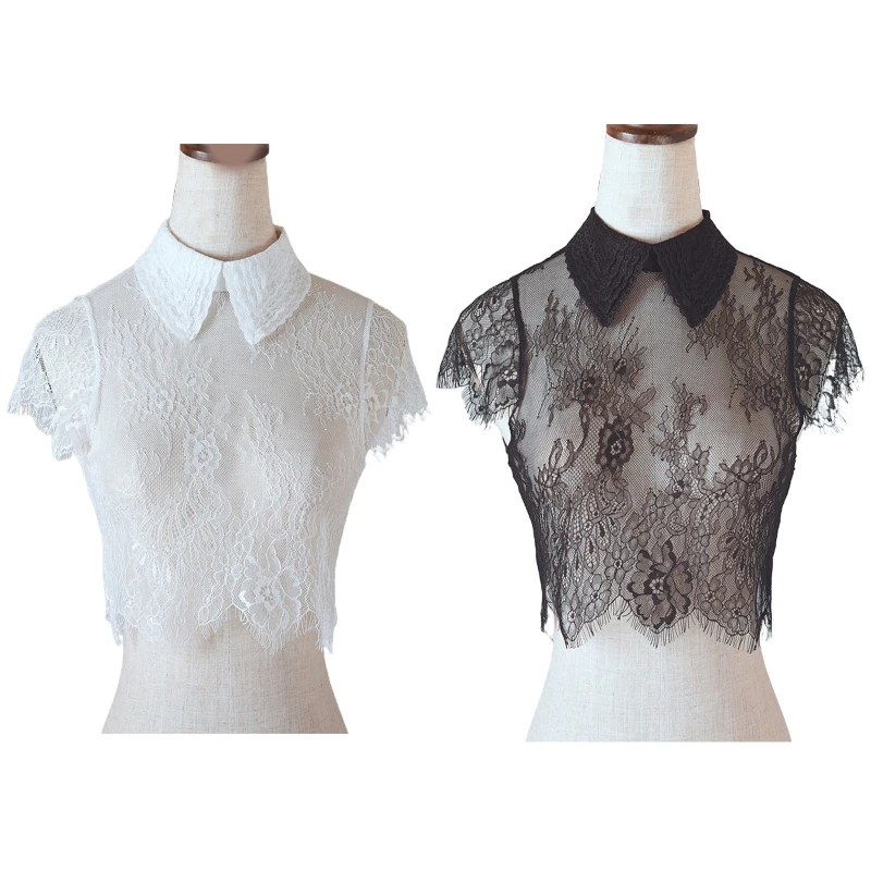 

Women Eyelash Trimmed Floral Lace False Collar Sleeves Sheer Lapel Detachable Half Shirt Blouse Solid Color Drop shipping