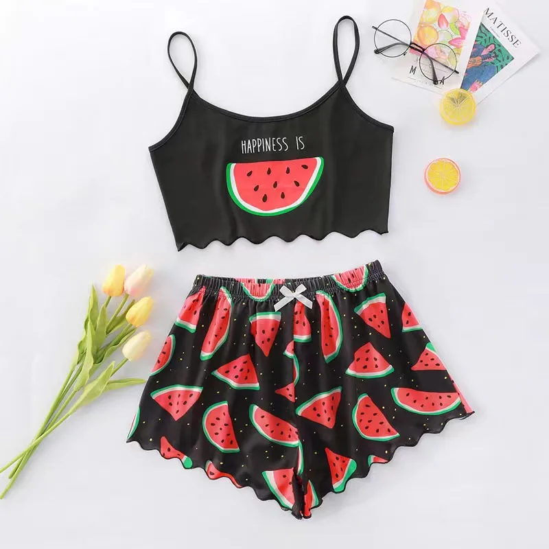 Women's Pajamas Set Sleepwear 2 PCS Short Tank Tops And Shorts S M L Black Ventilate Soft Casual Watermelon Printing