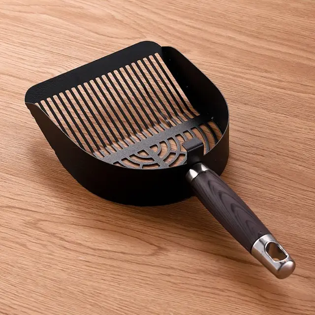 Stainless Steel Cat Litter Scoop Long Handle Sturdy Mesh Cat Poop Sifting Tool Wood Handle Non-stick Pet Waste Shovel 4