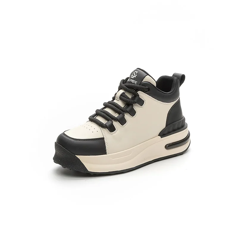 High top small white shoes for women in autumn 2023, new leather lace up casual shoes with thick soles and high  board shoes