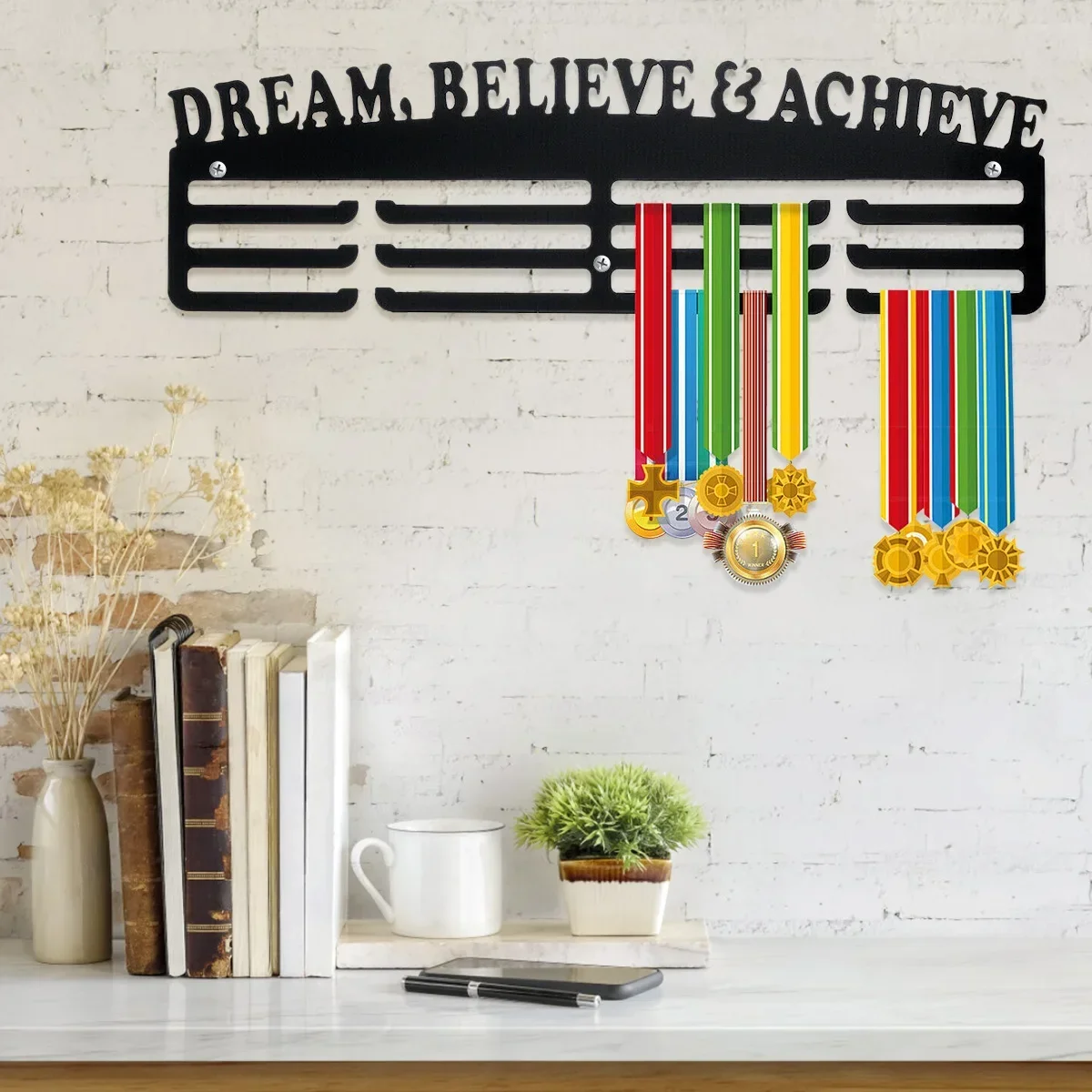 Medal Holder Display Hanger Personalized Medal Wall Hanger for Sport Race Runner Sturdy Black Steel Metal Easy to Install 4