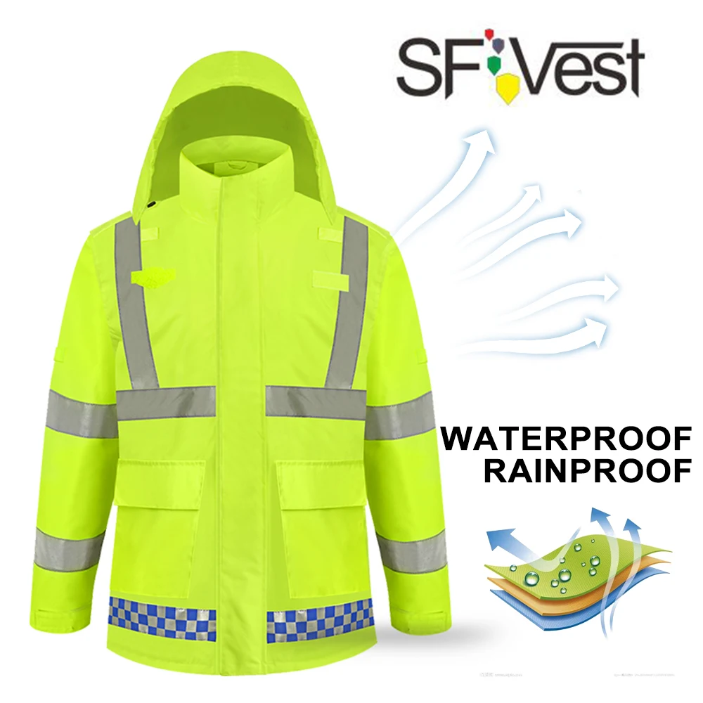 

SFVest High Visibility Reflective Rainwear Coat Luminous Safety Raincoat Traffic Waterproof Outdoor Working Protective Clothing