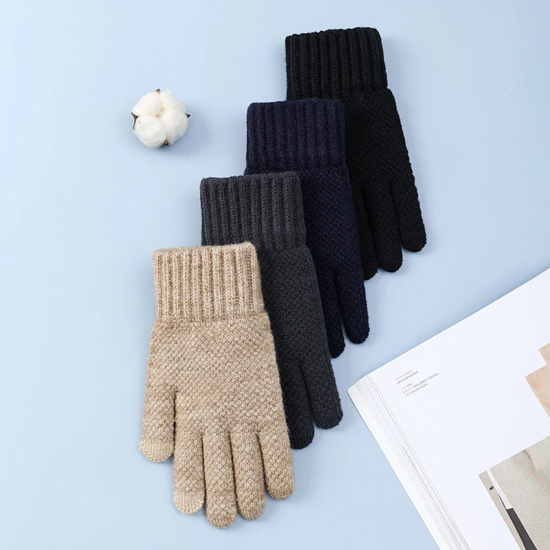 

1 пара утолщенные бархатные эластичные перчатки с закрытыми пальцами для сенсорного экрана зимние шерстяные вязаные мужские теплые варежки для велоспорта