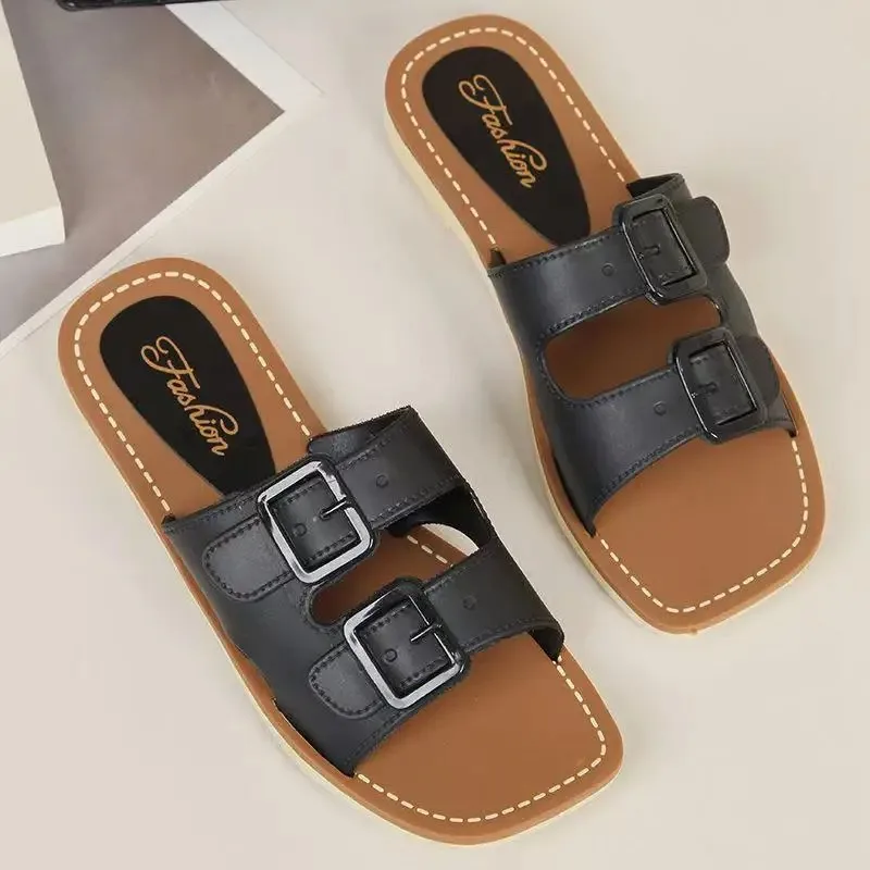 Fashion Open Toe Bedroom Black Women's Slippers and Ladies Sandals Home Indoor Low Heel Slides Outside House Shoes