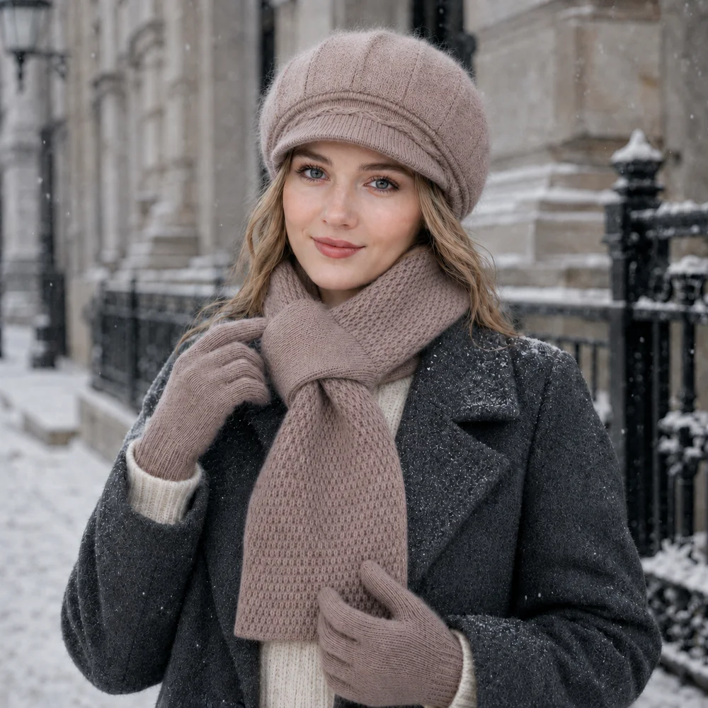 3-Piece Women’s Winter Hat Scarf Gloves Set, Fuzzy Visor Cap & Pull-Through Neck Warmer, Warm Knit Cold Weather Accessories