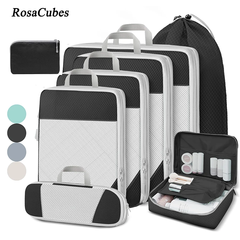 

8PCS Compression Packing Cubes Portable Luggage Organizer Storage Bags Shoes Bags With Mesh Lightweigh Foldable Handbag Pouch