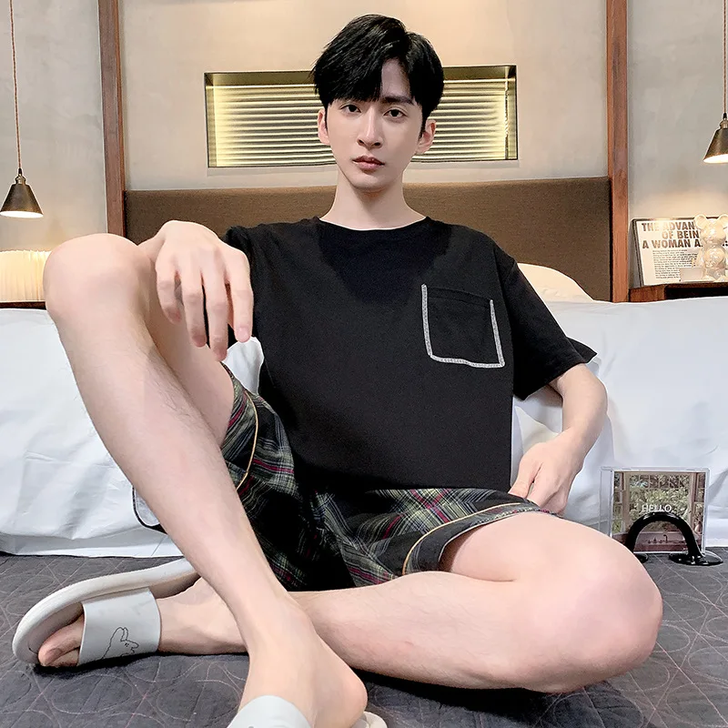 

Summer Knitted Cotton Short Sleeved Men's Pajamas Sets Male Pajama Set Letter Pajama for Men Sleepwear Suit Homewear Size XXXXL