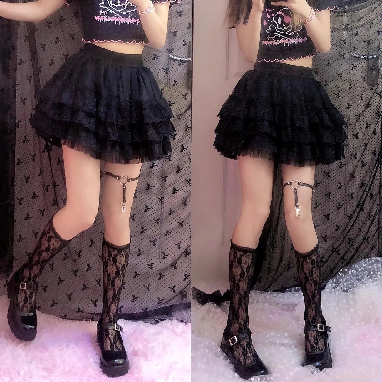 Elastic Gothic Lace Tutu Skirt Women Black Mesh Detail Petticoat Sexy Mini Tulle Skirts Party Club Wear Dancer