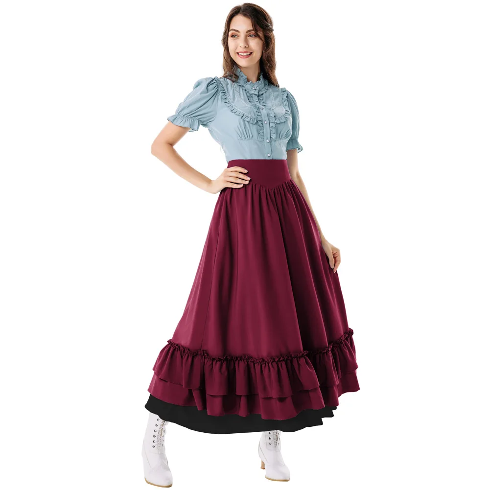 

Scarlet Darkness Women Victorian Skirt High Waist Dual Layer Ruffled Hem Back Adjustable Skirt Steampunk Gothic Maxi Skirt