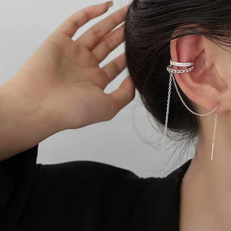 Ear Clip Earrings Clip Earrings Ear Clip Stud Earrings Ear Accessories 1Pcs Double Layer C-Shaped Ear Cuff Earrings Long Tassel Rhinestones Piercing Stud Earring Trendy Women Jewelry