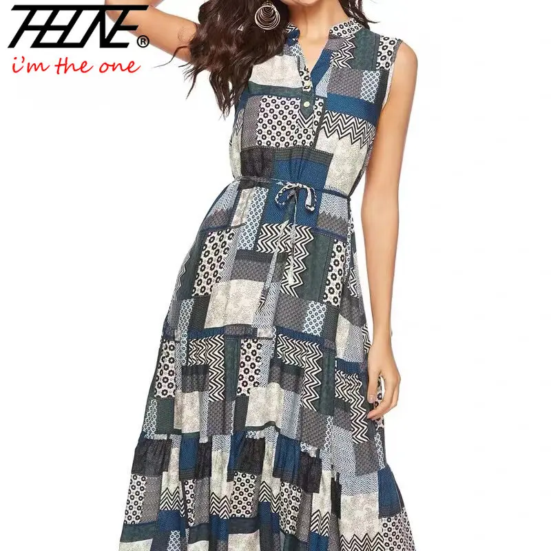 

Women Dress Korean Style Bohemian Casual Vintage Vestidos Robe Cotton Retro Midi-length Loose Belt Floral Print Sleeveless