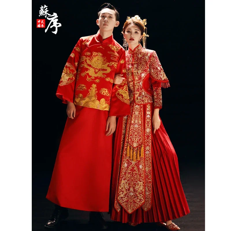 

Chinese Wedding Dress Red Embroidery Couple Dragon Phoenix Gown Modern Oriental Style Dresses Bride Groom Banquet Toast Dress