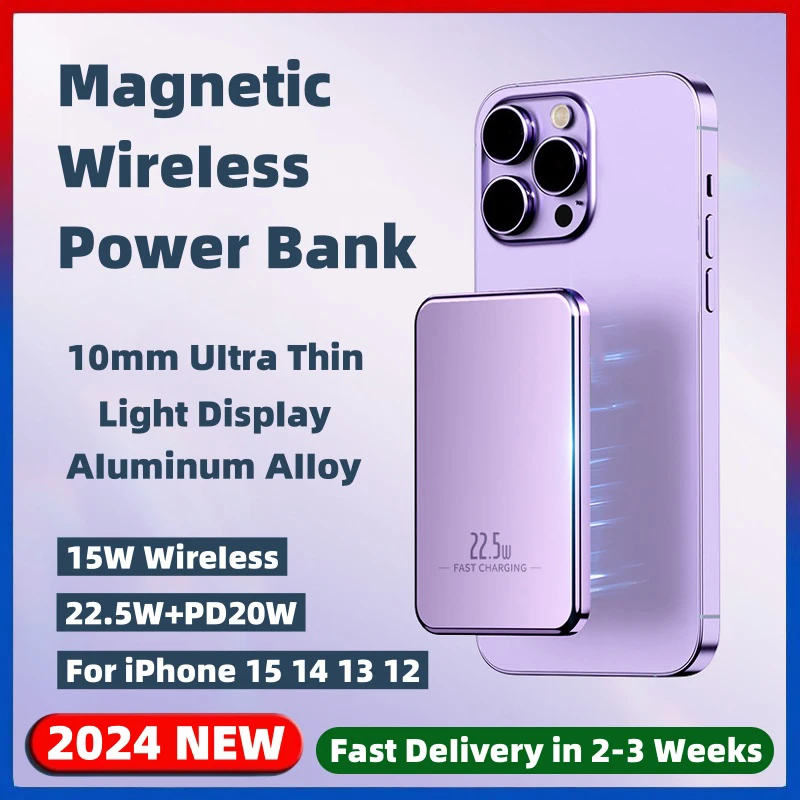 

New Ultra Thin Metal Magnetic Powerbank Wireless Fast Charger For iPhone Samsung Portable Power Bank Phone External Battery Pack