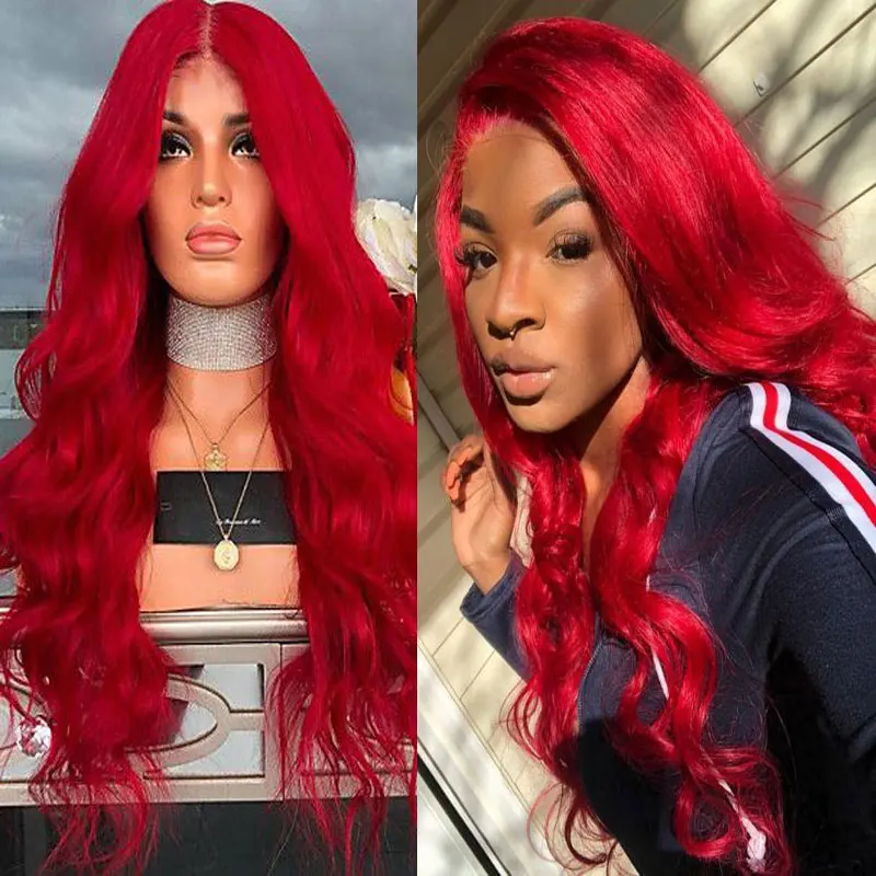 

Bombshell Fire Red Dark Wine Red Loose Wave Synthetic Lace Front Wigs Glueless High Quality Heat Resistant Fiber Hair For Women