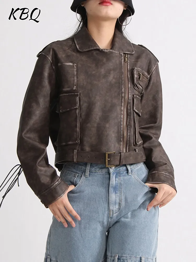 kbq-streetwear-spliced-belt-leather-jackets-for-women-laple-long-sleeve-patchwork-lace-up-solid-cropped-jacket-female-clothing