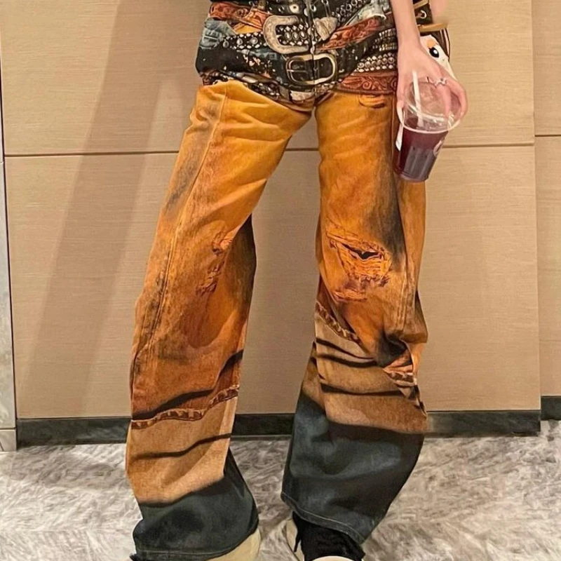 Y2k Women Spring Autumn Summer Pants Jeans Straight Color Wide-leg Printed Waistband Zipper New Retro Design Fashion Trends