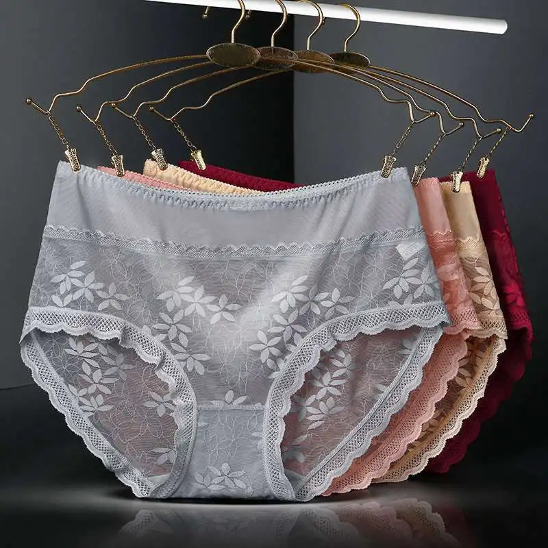

Sexy Underwear For Women Large Size Briefs Panties Transparent Lace Hollow Out High Waist