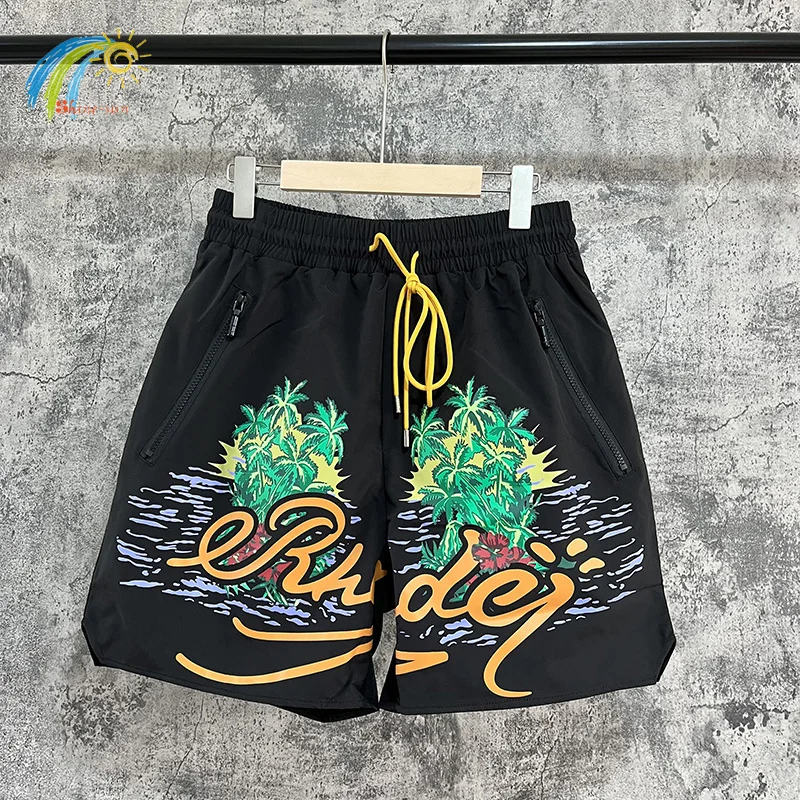 

High Quality Summer Beach RHUDE Shorts Men Woman Casual Inside Mesh Breeches Black White Coconut Oil Painting With Tags