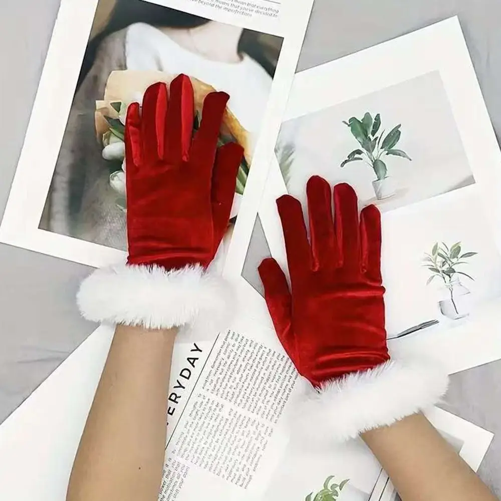 Fashion with Faux Fur Trim Christmas Red Gloves Short Holiday Mitten Soft Velvet Gloves for Evening Events
