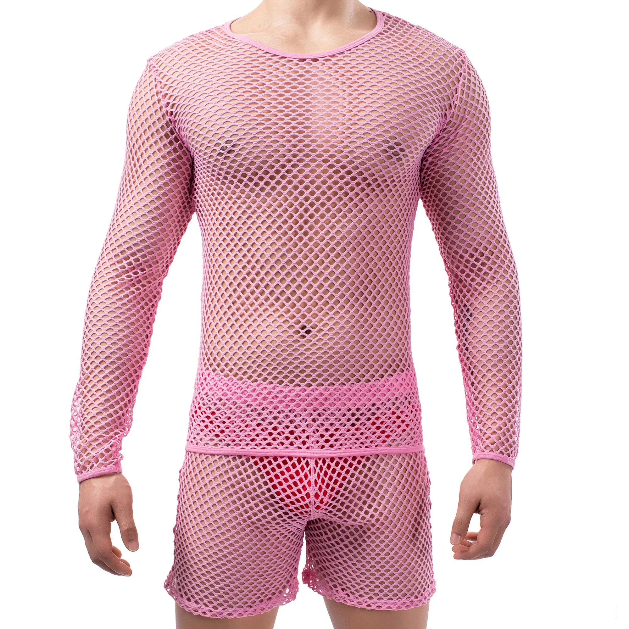 Men's Mesh Tops Long Sleeve T-shirts Hollow Out Mesh Shirts Lingerie Sexy Boxer Underwear Erotic Porno Nightwear Men Clothes Set