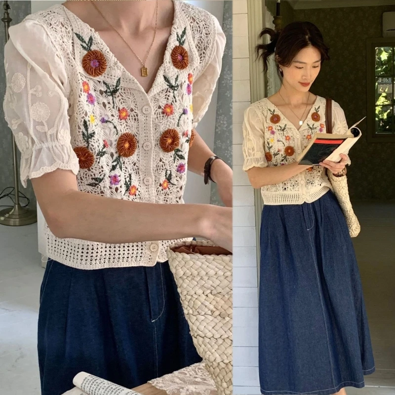

Girls Knit Tops Lapel Neck T Shirt Women Short Sleeve Tops for Taking Photo Dropship