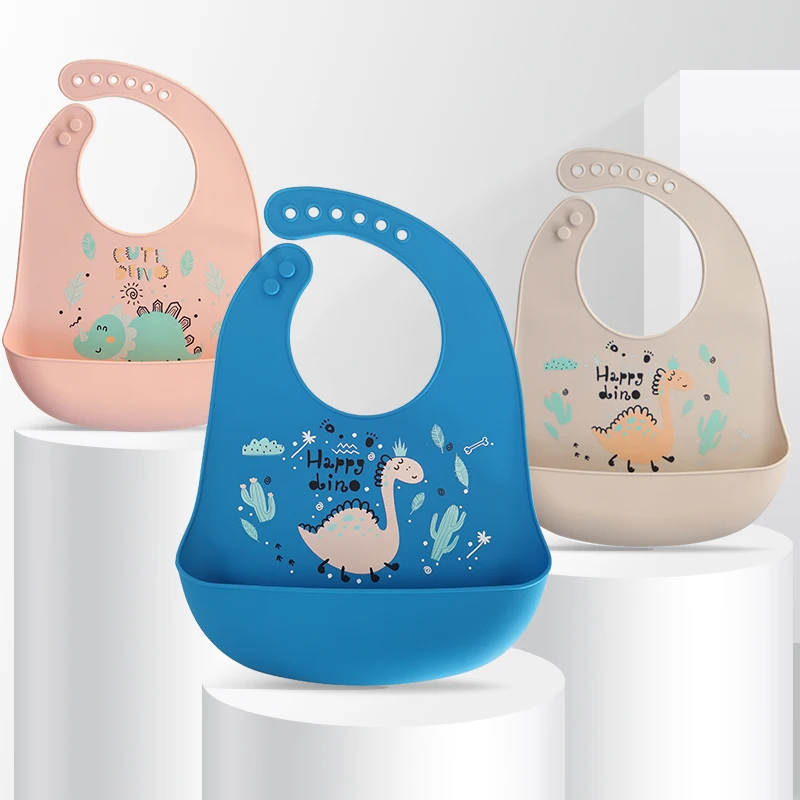 

Waterproof Baby Bibs Baby Stuff Cute Cartoon Dinosaur Printed Kids Bib Girl Boy Adjustable Soft Silicone Bib Baby Feeding Stuff