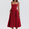 Summer Women Elegant Sleeveless Backless Pleated Dresses Lady Sexy Solid Sling Midi Dress 2024 Female Party Evening A-line Robes