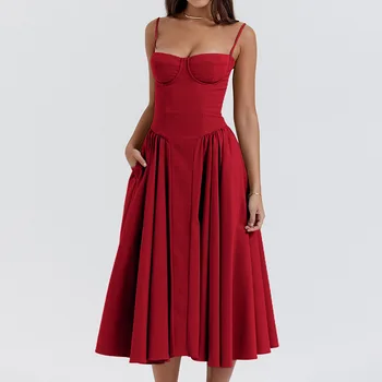 Summer Women Elegant Sleeveless Backless Pleated Dresses Lady Sexy Solid Sling Midi Dress 2024 Female Party Evening A-line Robes