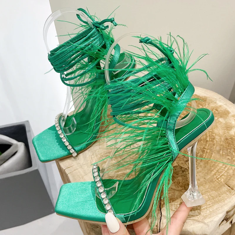 

Size 35-41 Womens Sandals Fashion Purple Green Fuzzy Feather Summer Transparent High Heels Sexy Nightclub Stripper Shoes