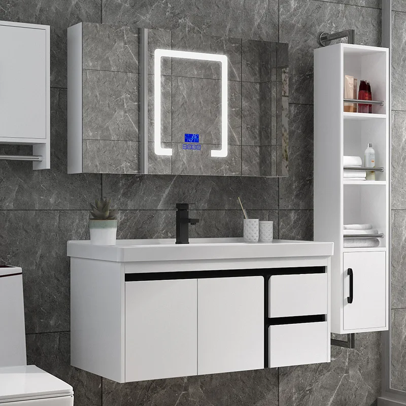 European White Modern Mirror Cabinet Vanity Toilet Furniture Bathroom Cabinet With Ceramic Wash Sink