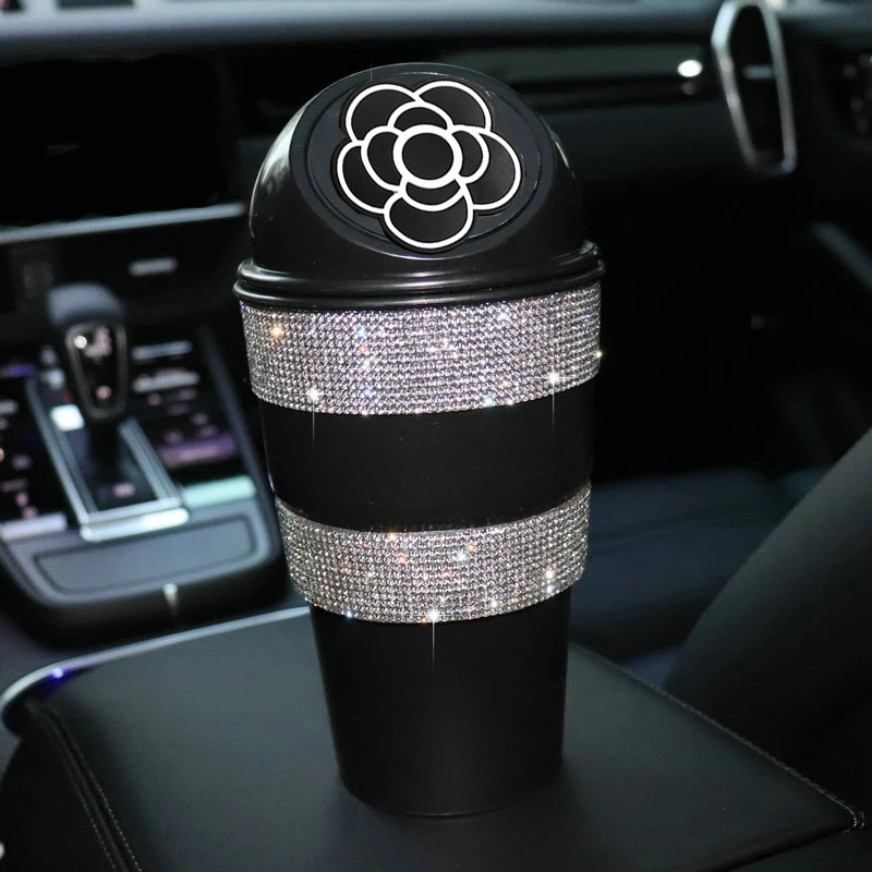 Cute Cartoon Rhinestone Car Trash Garbage Can Diamond Crystal Auto Trash Dust Holder Mini Garbage Bin Car Storage Box Girls