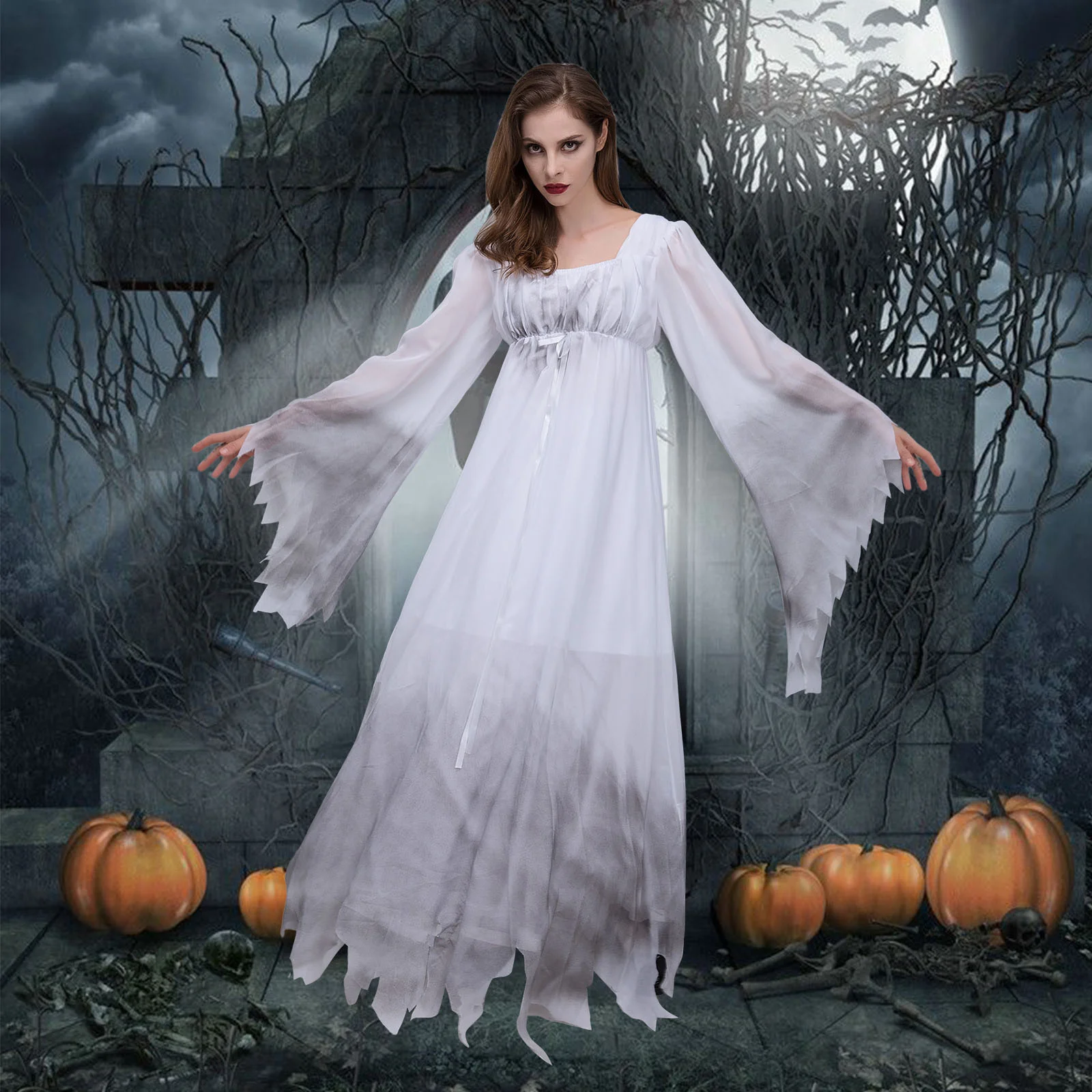2023HalloweenZombieBrideDressScaryGhostBrideBurntWhiteLace