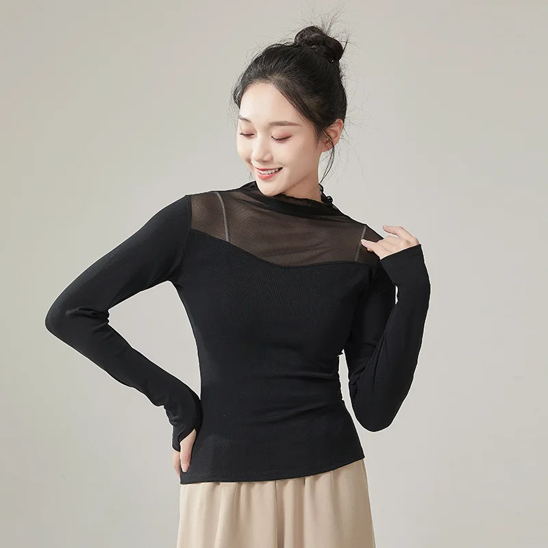 

Женская Одежда для танцев и тренировок, стильный костюм из сетчатой ткани с высокой горловиной и рукавами на палец, дизайнерская однотонная одежда, элегантные красивые топы для йоги