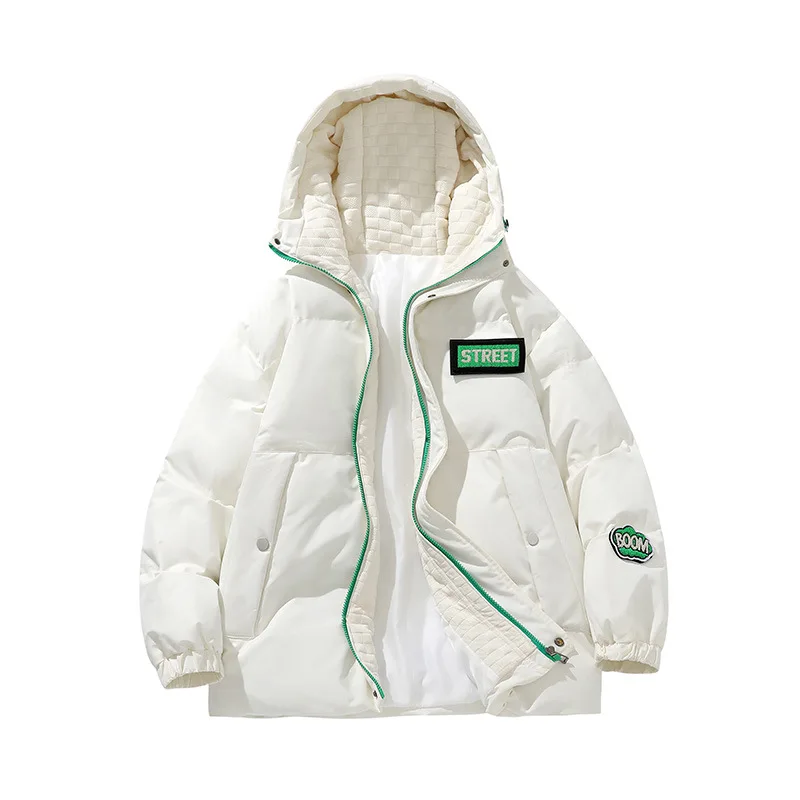 Thickened hooded cotton jacket Men's trend Fashion Velcro Fashion label Cotton jacket Men's warm upper clothing jacket