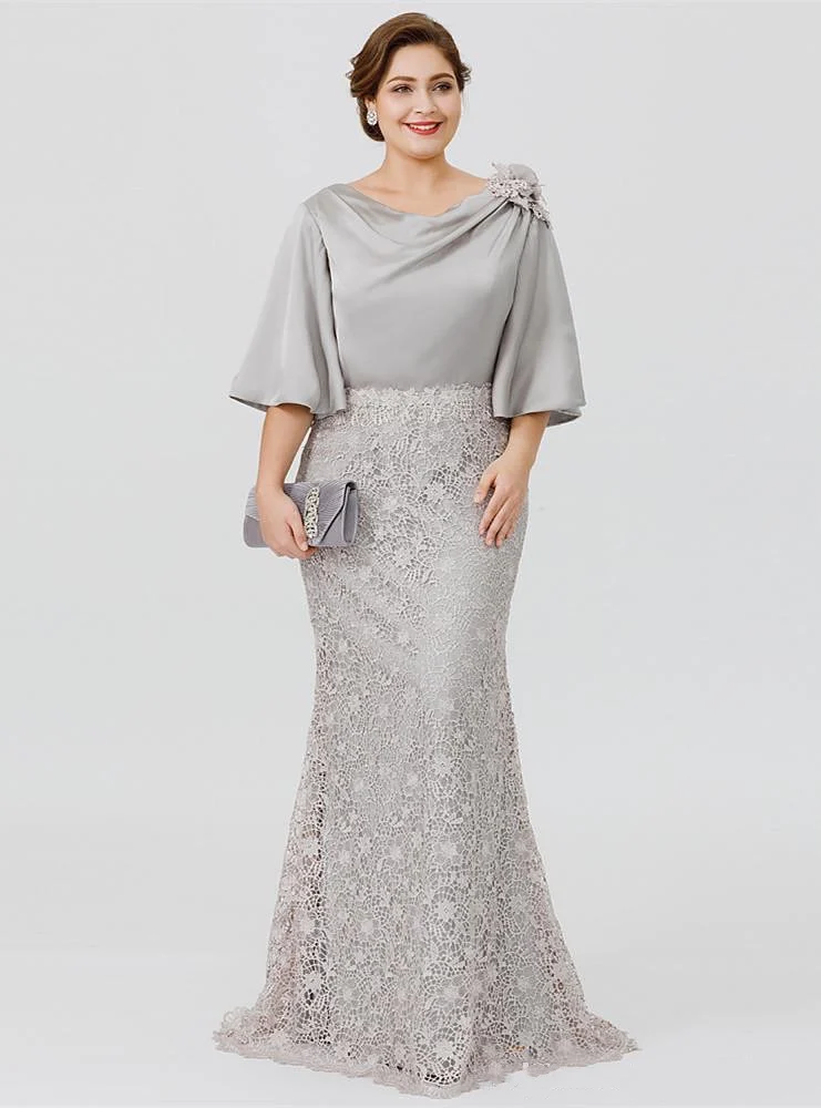 mother of the bride silver grey dresses Silver Grey Sheath Satin Half Sleeves Mother Of The Bride Dress