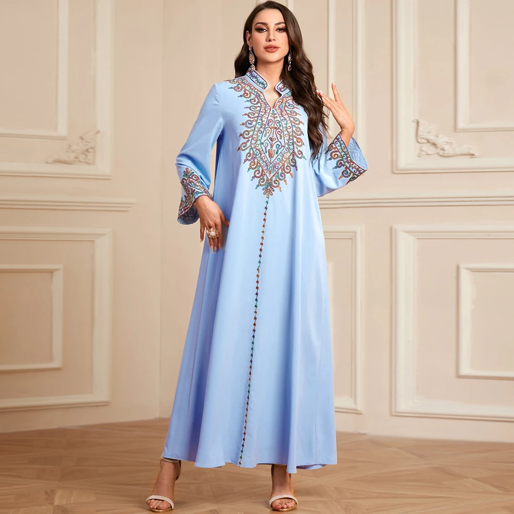 Uni التطريز الخامس الرقبة فستان طويل دبي العربية ع...