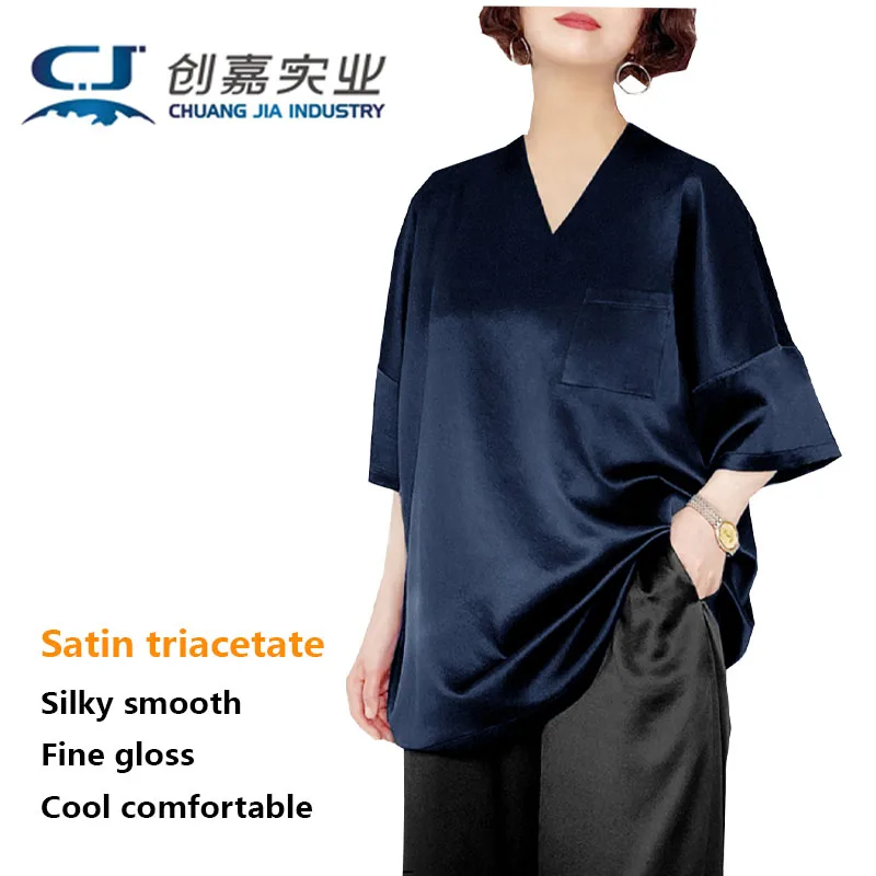 

Satin Triacetate Spring and Summer Women's Seven-point Sleeve V-neck Long T-shirt off-shoulder Cuff Pullover Temperament Elegant