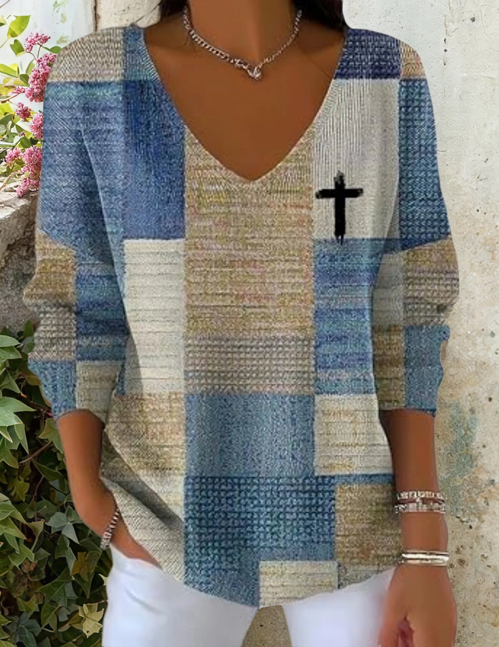 Womens Casual Retro Color Block Faith Cross Jesus Sweatshirts