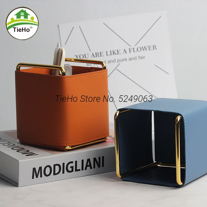 

Nordic Ins Creative Leather Pen Holder Storage Cabinet Wrought Iron Desktop Makeup Brush Remote Control Storage Box Living Room