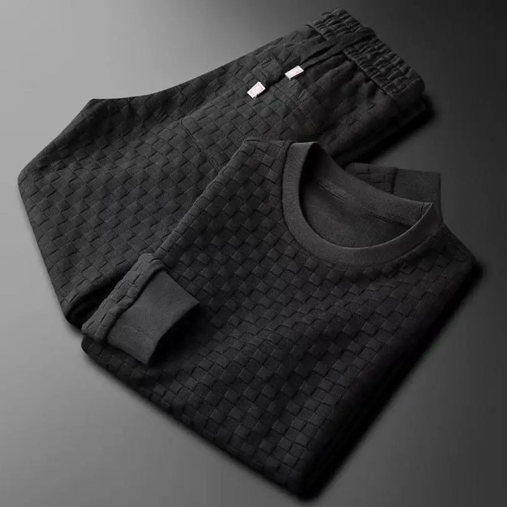 1 Set Stylish Sportswear Set Autumn Men Top Pants Solid Color Streetwear Crew Neck Drawstring Sports Suit