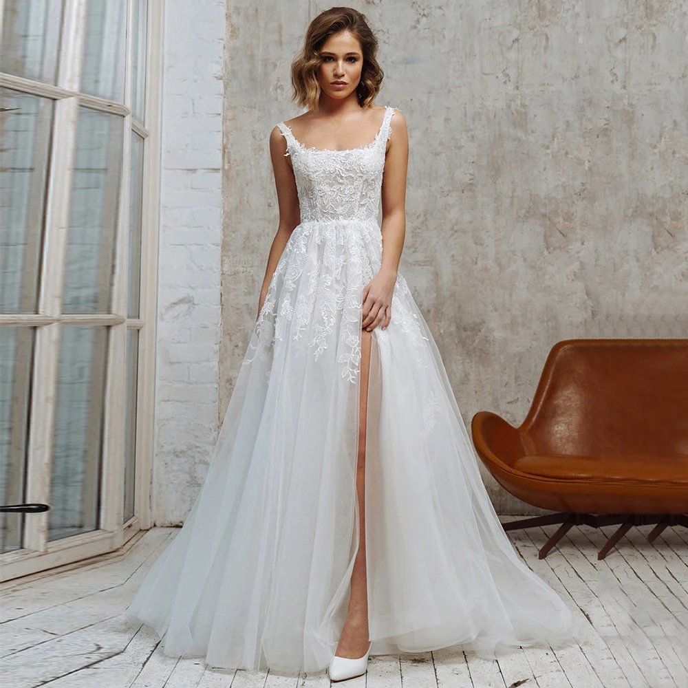 

Weilinsha Modern Square Neckline Side Slit Tulle Wedding Dresses Elegant Ladies Appliques Backless Sleeveless Bridal Gowns