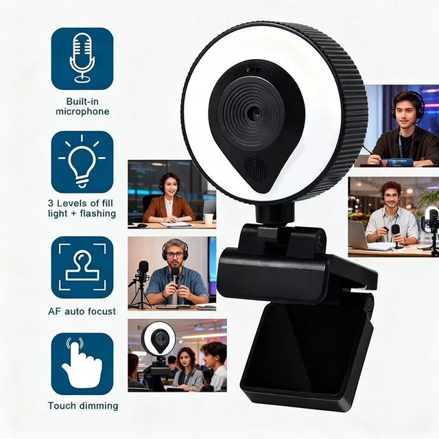 Portable Full HD 1080P 2K 4K Webcam PC Laptop Auto Focus Webcam Live Streaming Flexible with Microphone Live Broadcast withLight