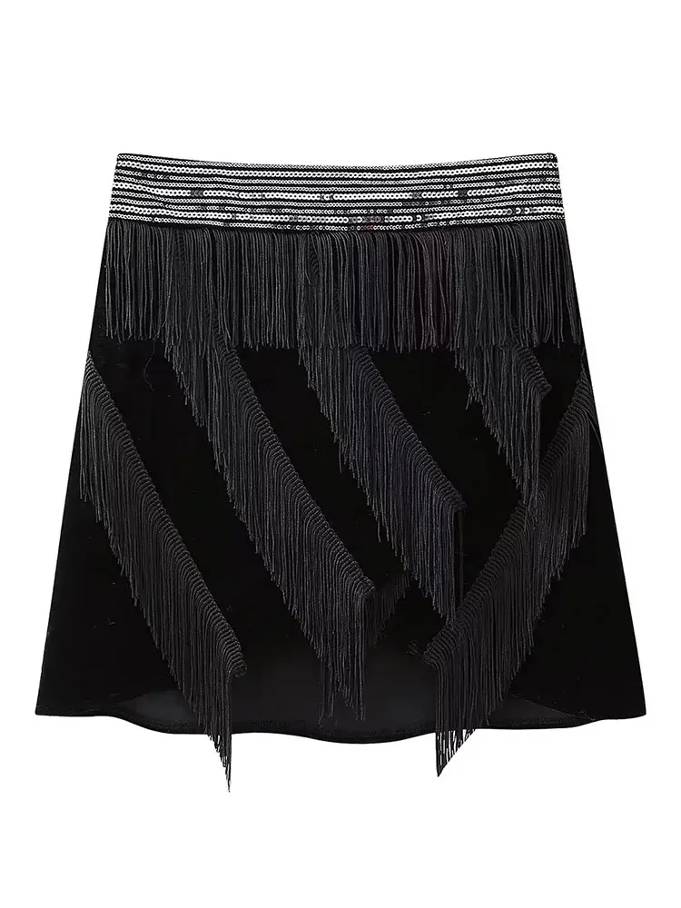 

HH TRAF 2024 Spring Skirts For Women Fashion Velvet Sequins Tassel Slim Short Skirt Female Casual High Waist Skirt Streetwear