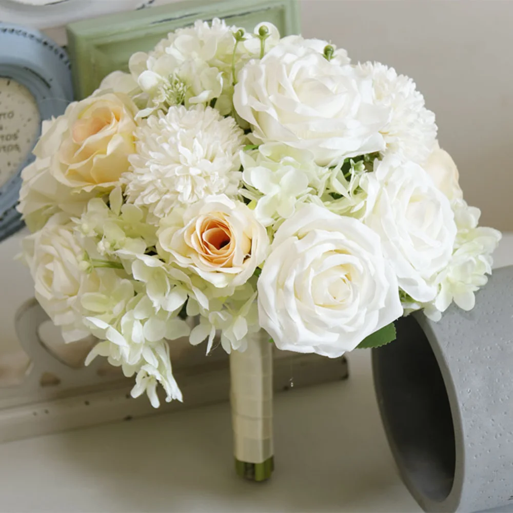 Handmade Silk Rose Wedding Bouquets Fake Flowers Holder Bridal Bridesmaid Accessories,artificial rose flowers,wedding flower decoration,wedding bouquets