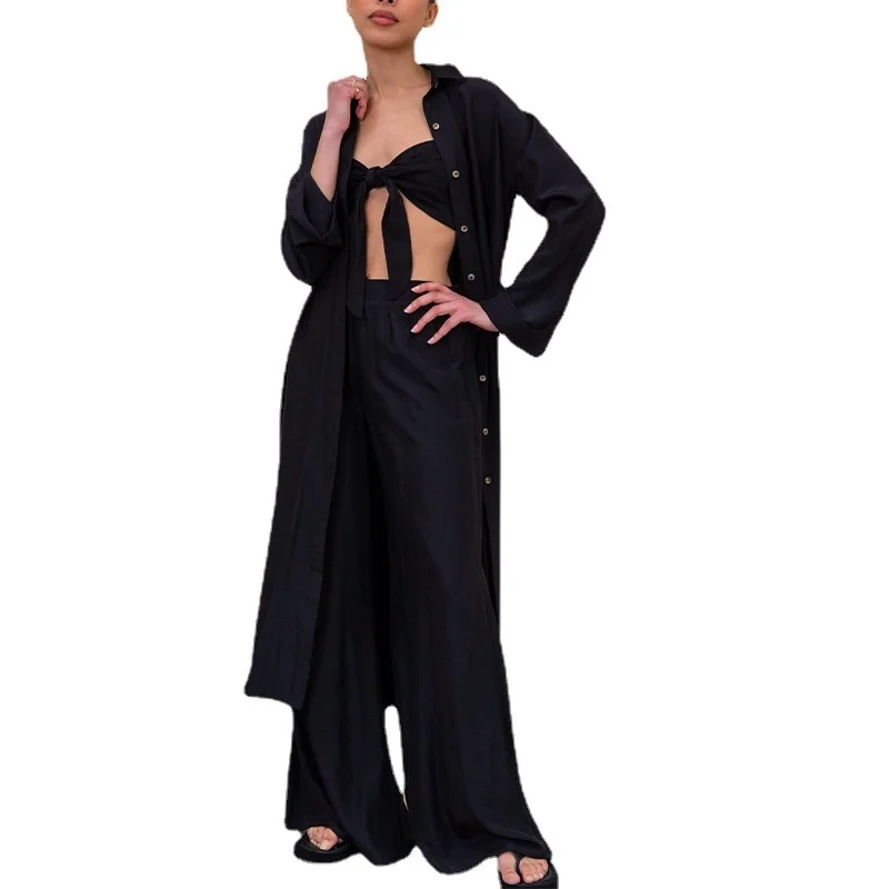 2023 Set Extra Long Single Breasted Shirt High Waist Wide Leg Pants Two Piece Set Sweat Suits Women Matching Sets