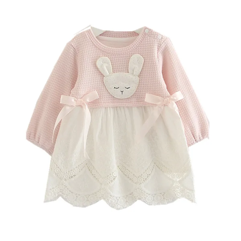 

Baby Girl Dress Newborn Rabbit Embroidery Cotton Lace Infant Baby Birthday Dress Baby Clothes with Two Bows 2 Color